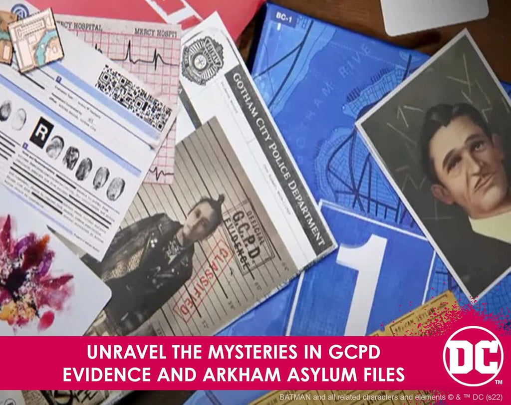 Close up of official GCPD case files and secret puzzle artifacts included in the Batman game