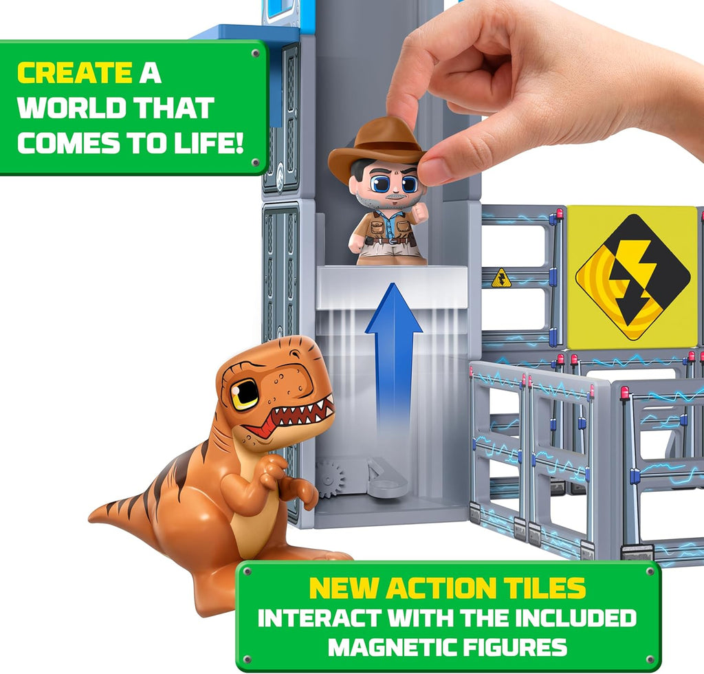 The magnetic cage action tile dropping automatically to capture Blue the Raptor figure on the truck