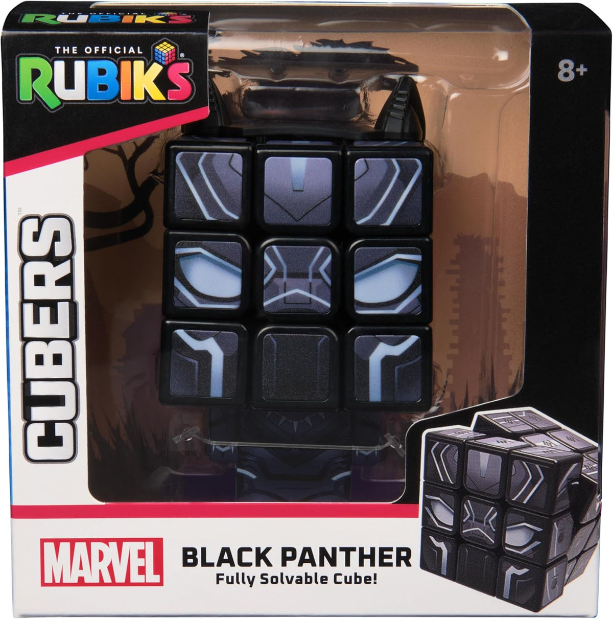 The Black Panther character cube head separated from the detachable ear accessories mini body plates and black base pedestal
