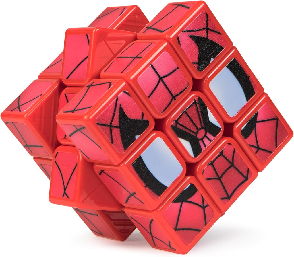 The Spider-Man character cube head separated from the included mini body plates and black base pedestal