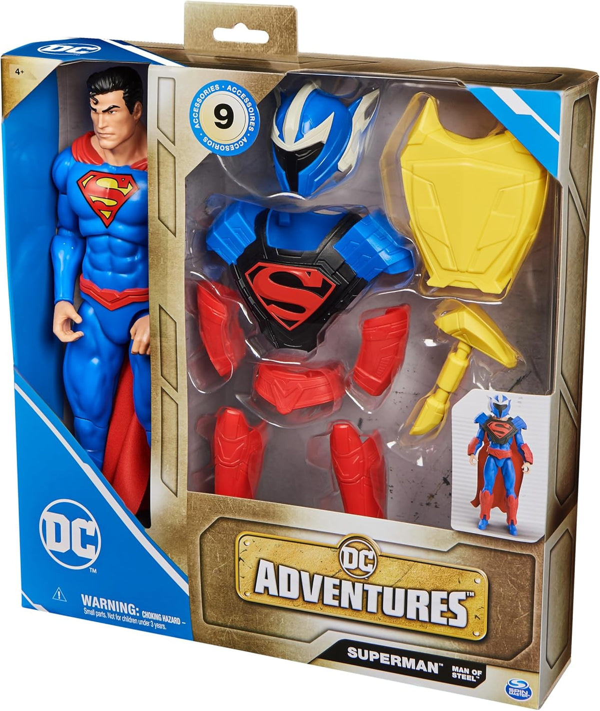 Close up of the Superman S shield logo and comic book style head sculpt detail