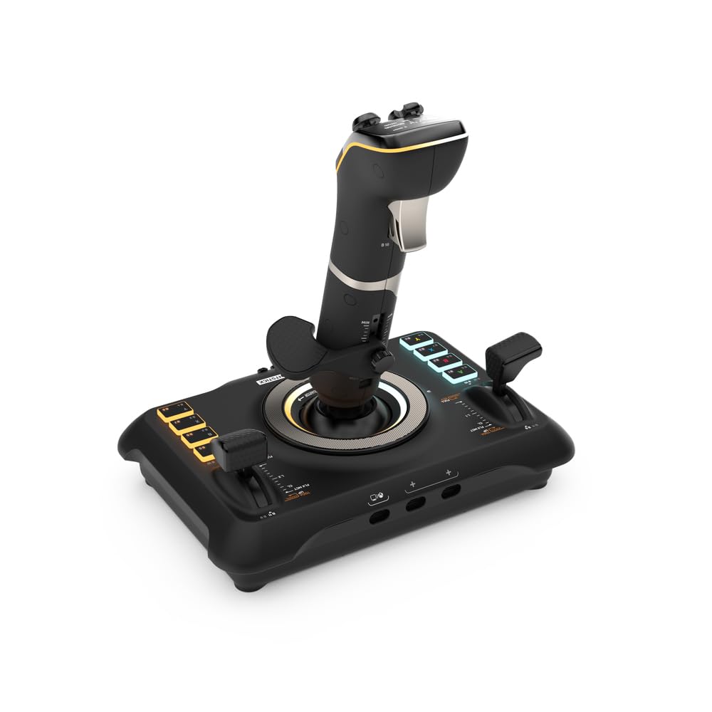 The ambidextrous flightstick illuminated by customizable RGB lighting on a professional gaming desk setup