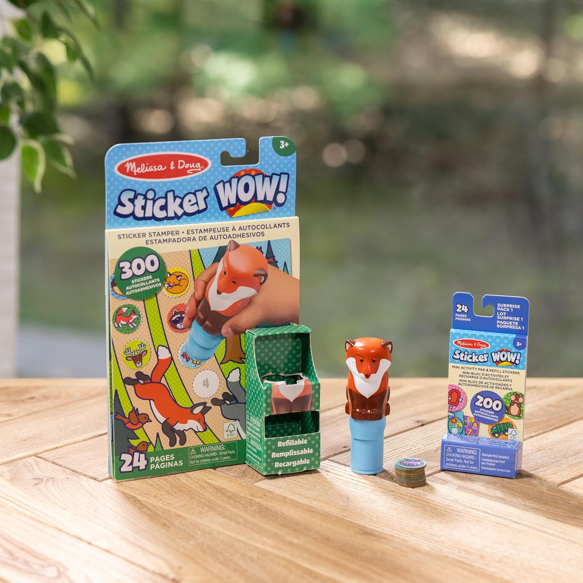 Close up of the woodland themed stickers dispensed from the Melissa and Doug Sticker WOW stamper cartridge